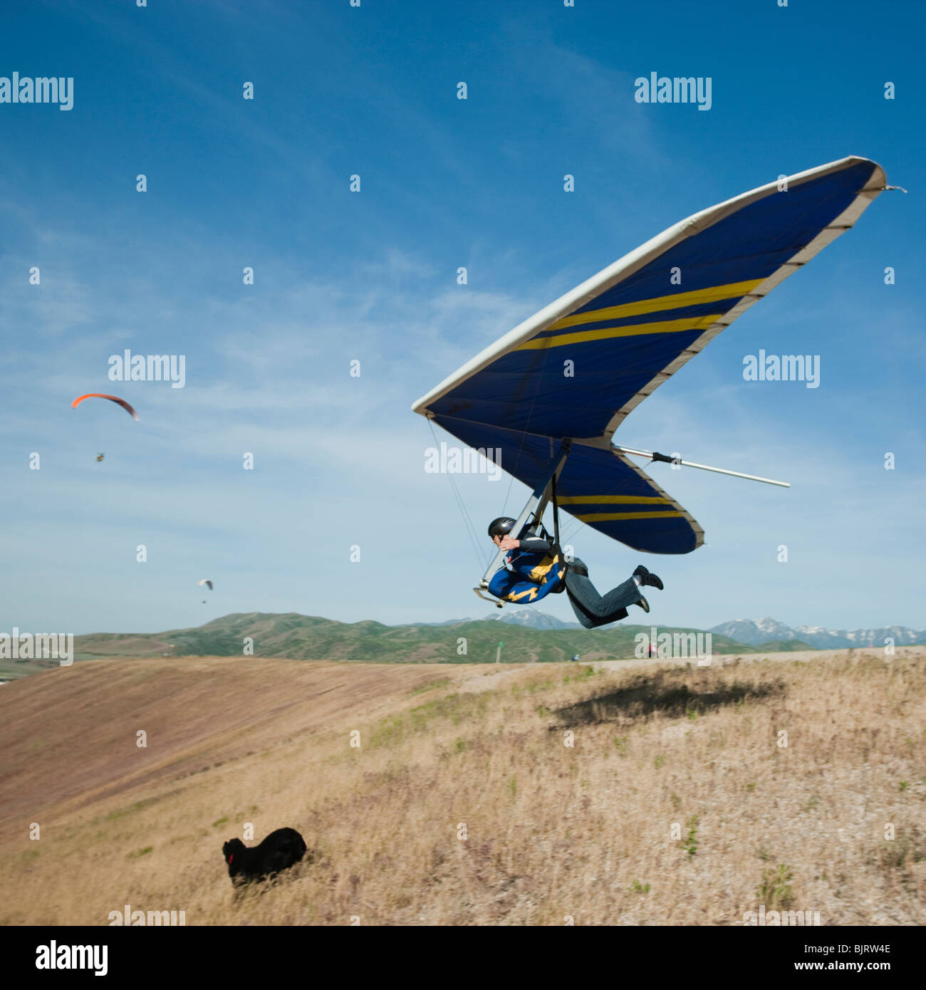 USA, Utah, Lehi, young man taking off with hang glider Stock Photo