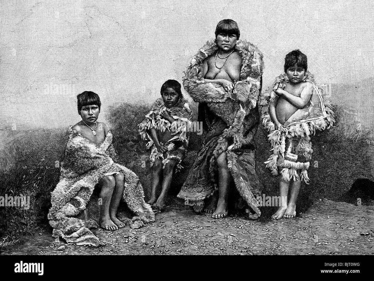 Alakaluf Fuegians, dressed in guanaco skins, Chile, 1895. Artist: Unknown Stock Photo