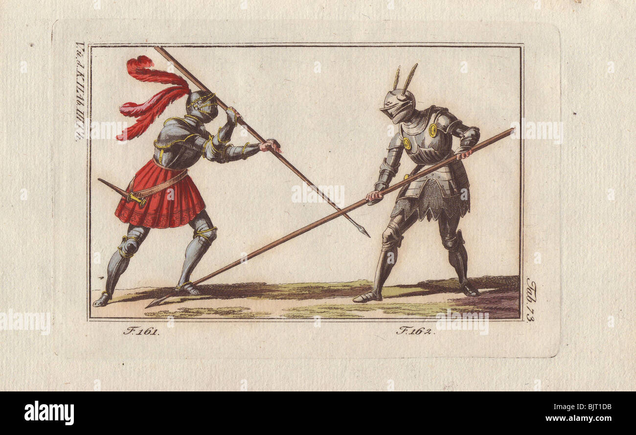 Two knights in armor on foot fighting a duel with lances in a tourney