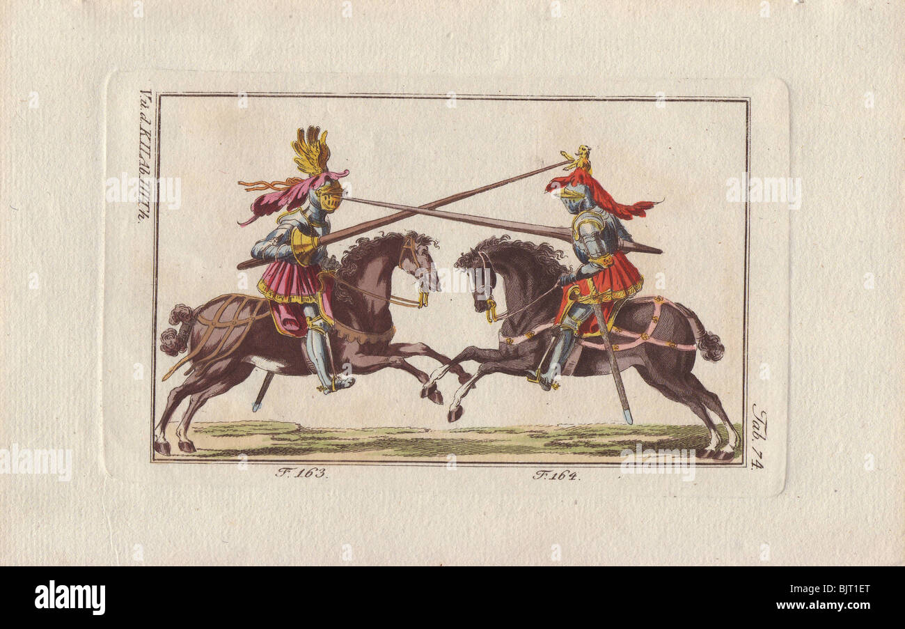 Two knights in armor on horseback fighting a duel with lances in a