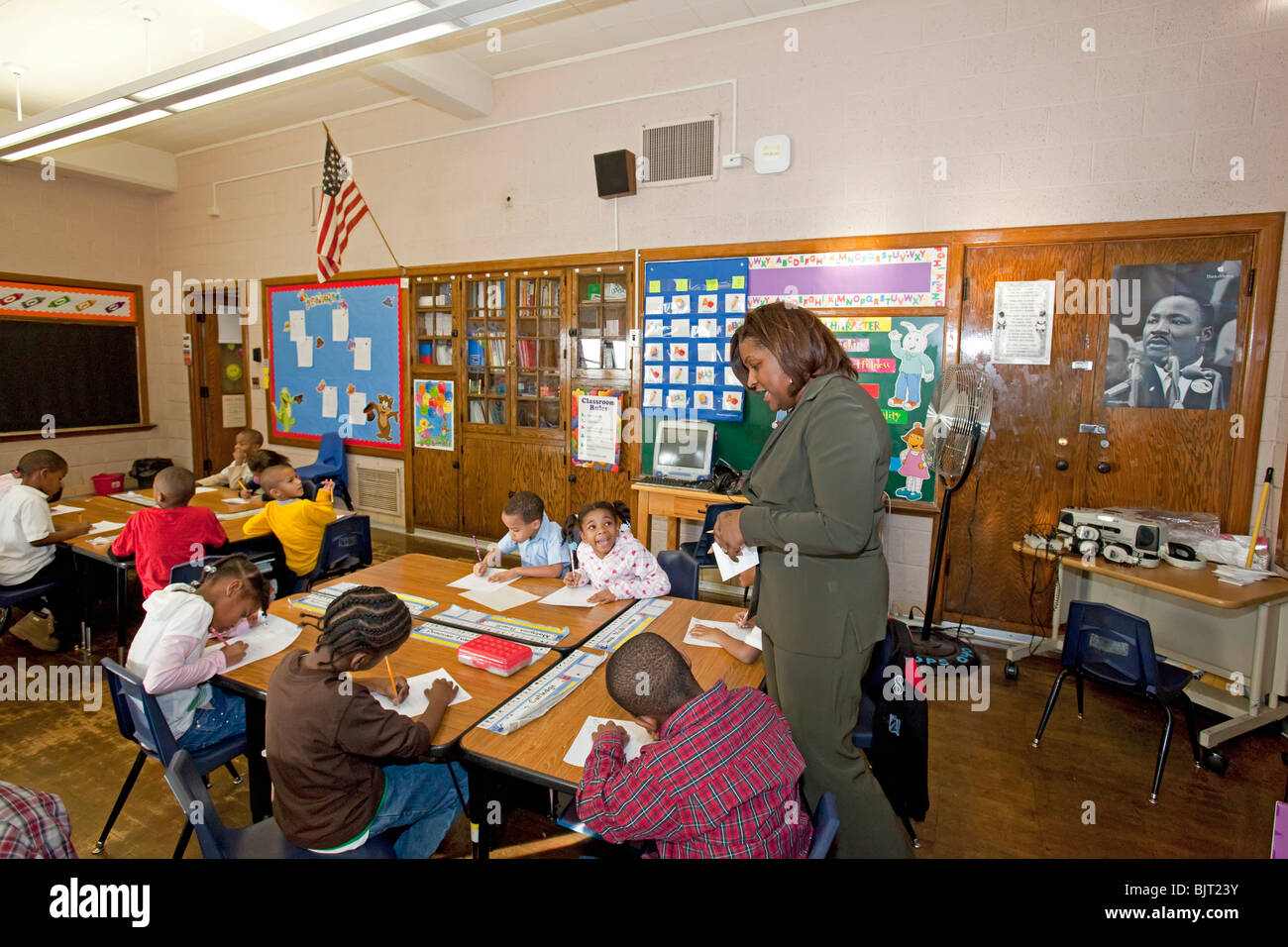Detroit, Michigan - First grade teacher Ivy Bailey teaches a class at MacDowell Elementary School. Stock Photo