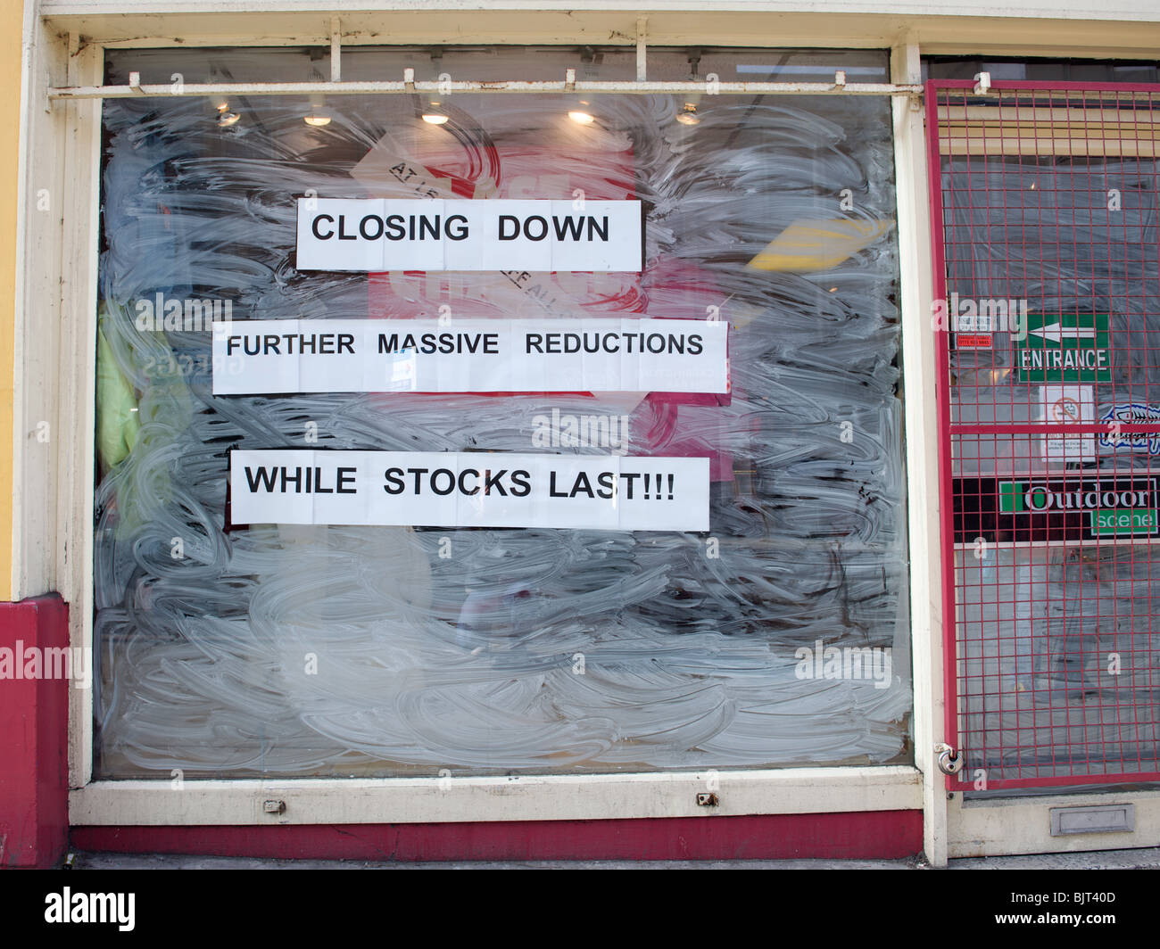 Sale signs in a shop window, Nottingham city centre, England Stock