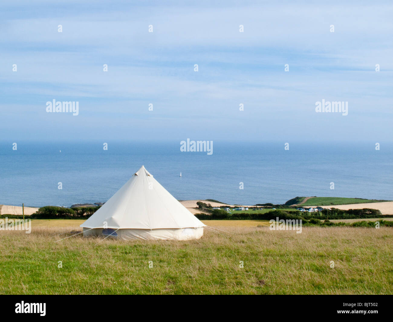 Camping with yurt tent near the sea in South Devon, UK. Stock Photo