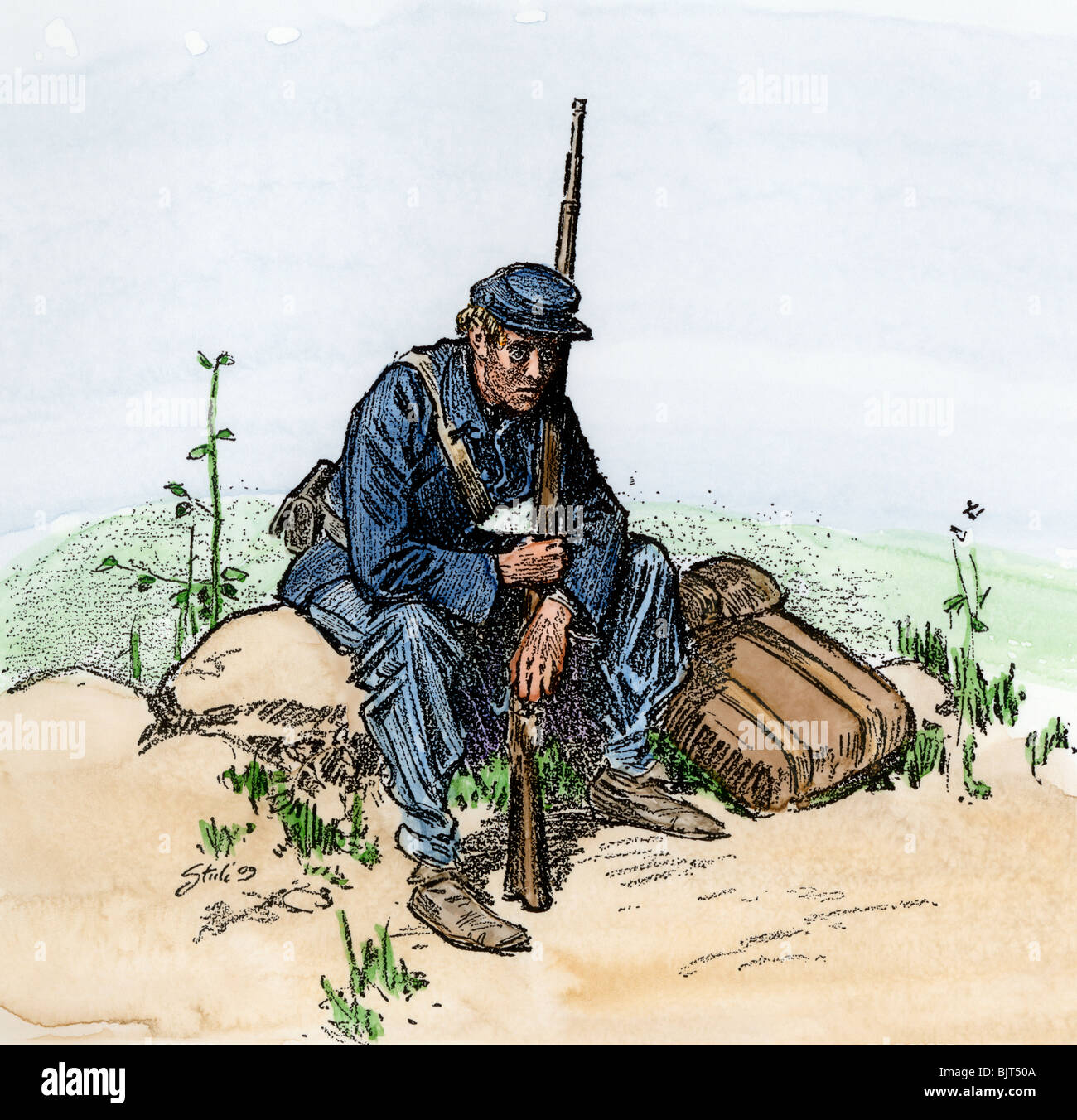 Weary Union infantryman resting by the wayside, US Civil War. Hand-colored woodcut Stock Photo