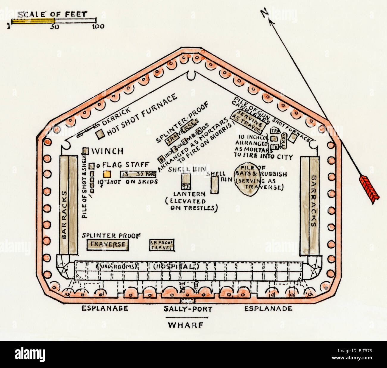Fort Sumter ground plan, situated in the harbor of Charleston, SC, 1860. Hand-colored woodcut Stock Photo