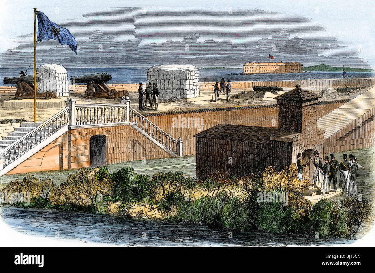 Secession flag flying over Fort Moultrie, with artillery aimed at Fort Sumter, South Carolina, 1861. Hand-colored woodcut Stock Photo