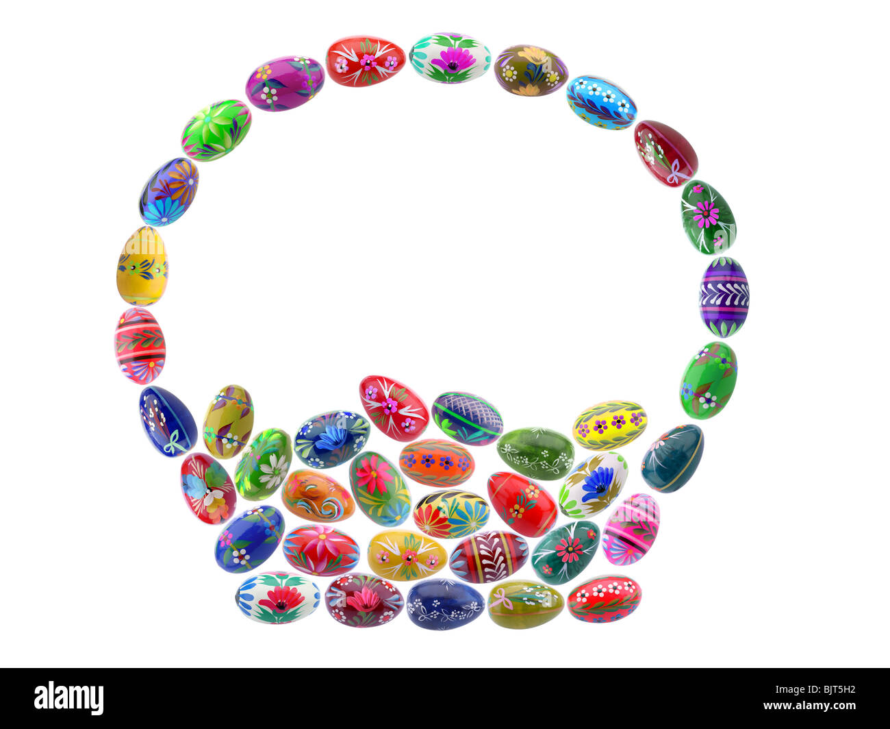 Easter eggs arranged in shape of Easter basket - over white Stock Photo