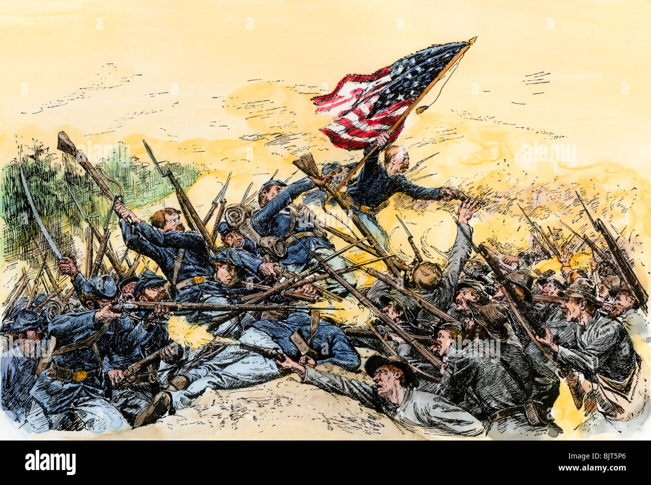 Fierce fighting at the Bloody Angle, Battle of the Wilderness, Virginia, 1864. Hand-colored woodcut Stock Photo