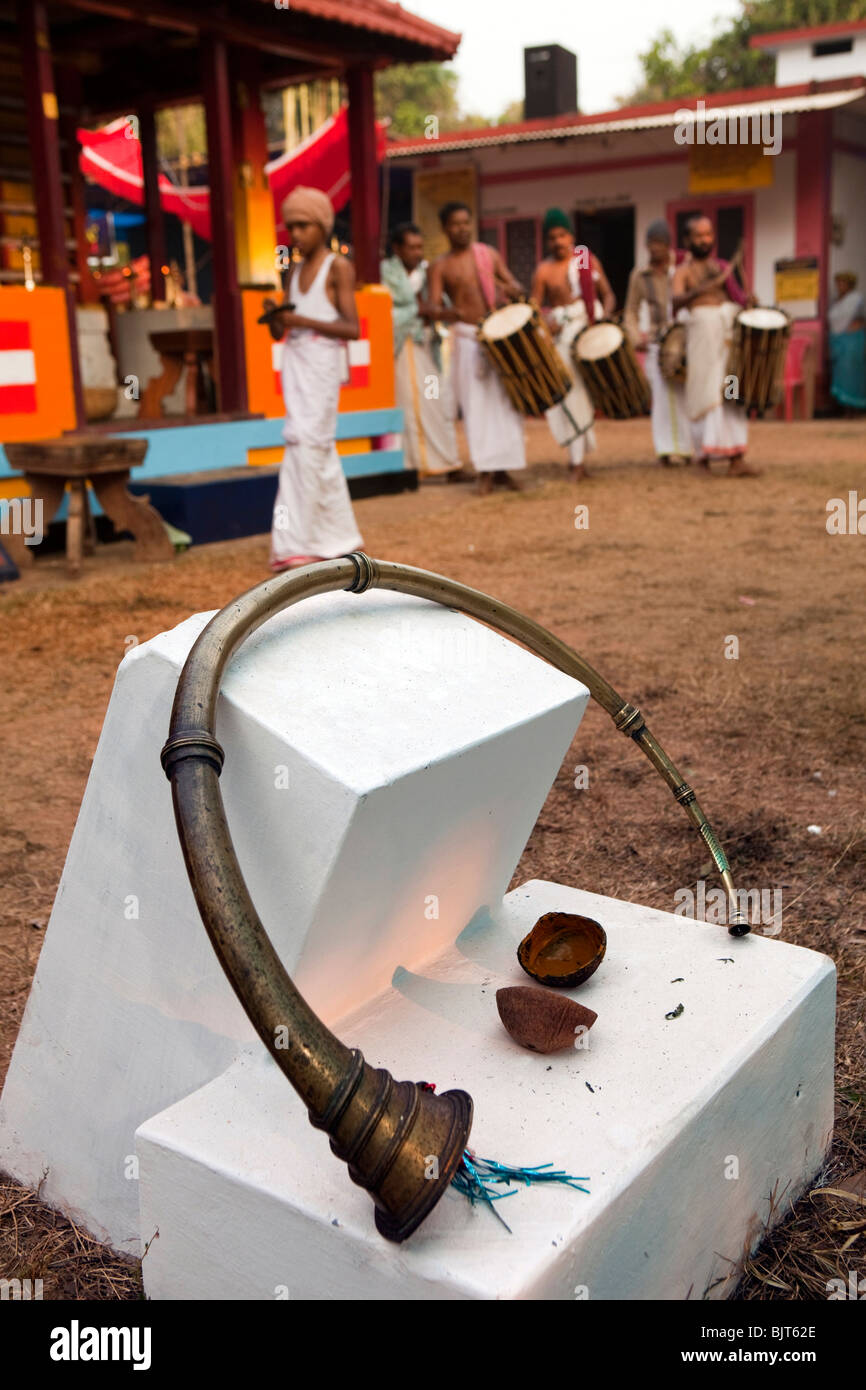 India, Kerala, Cannanore (Kannur), Theyyam, Kombu temple horn, resting on altar Stock Photo