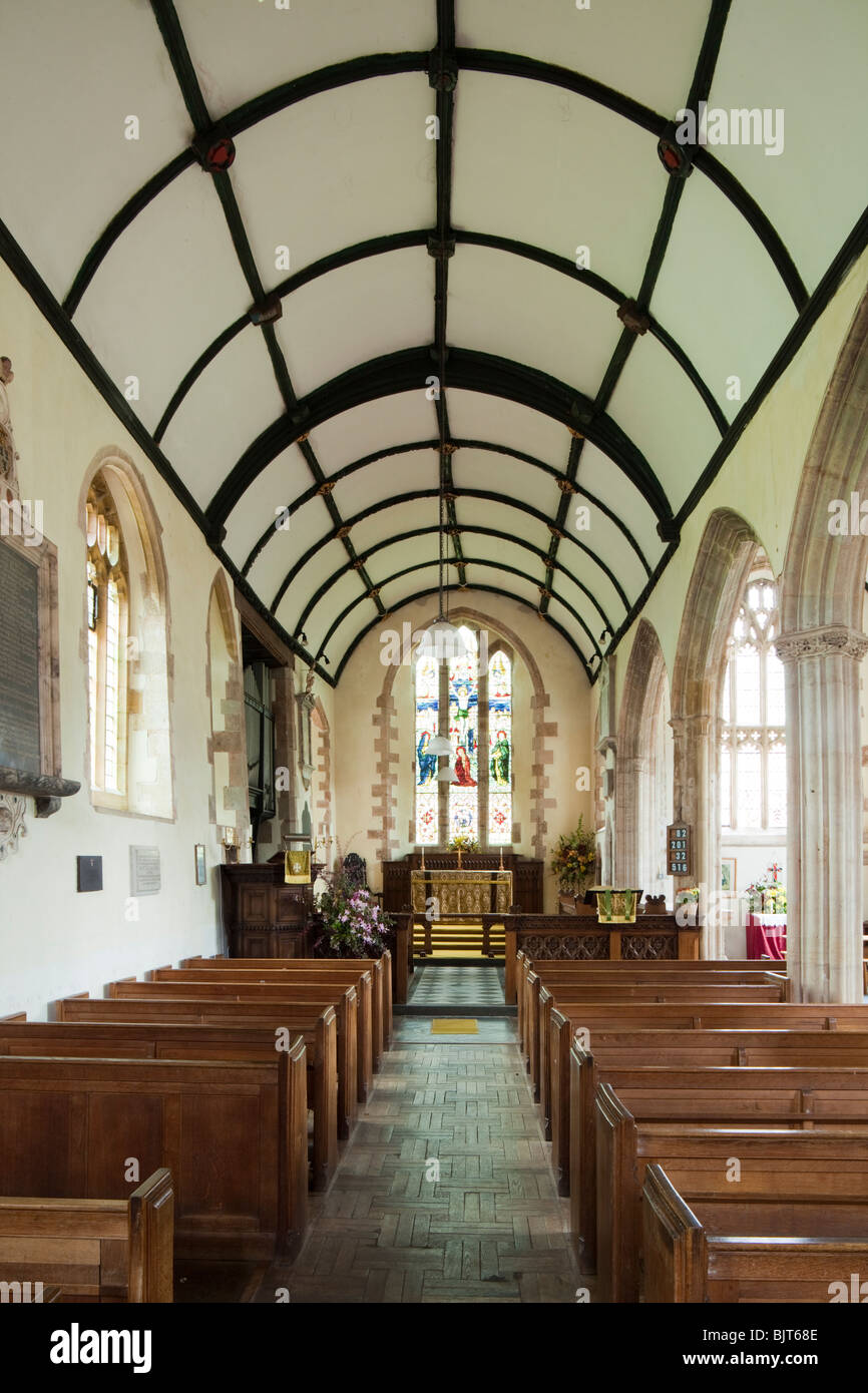 The interior of St Marys church on Exmoor at Luccombe, Somerset. The chancel dates from around 1300 and has a fine wagon roof. Stock Photo