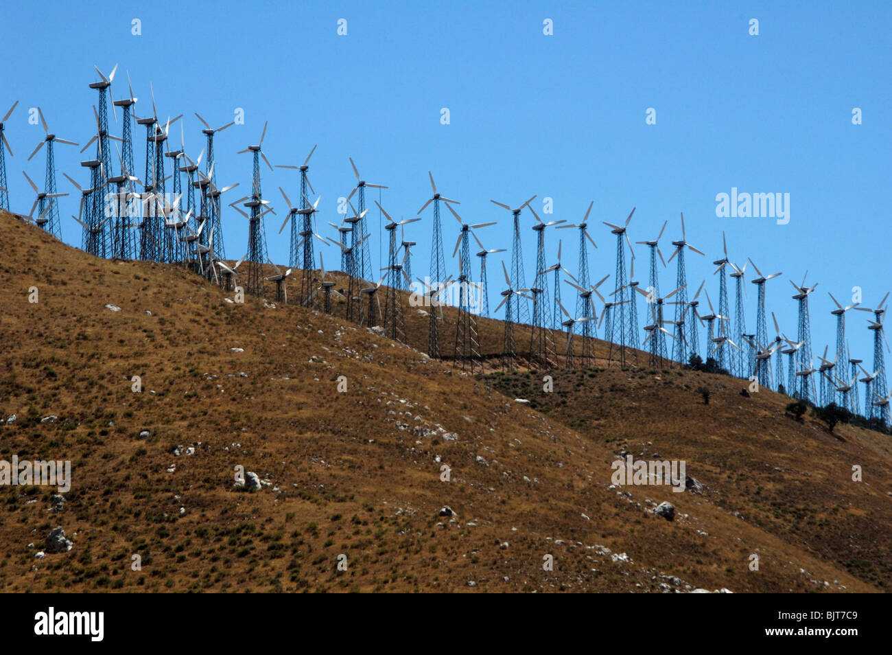 Wind turbines at the Tehachapi Wind Farm (2nd largest in the world) at sunset, Tehachapi Mountains, California Stock Photo