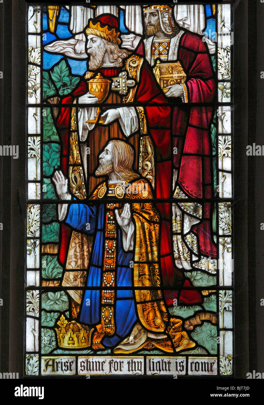 A stained glass window by J Powell & Sons, depicting the Three Kings at