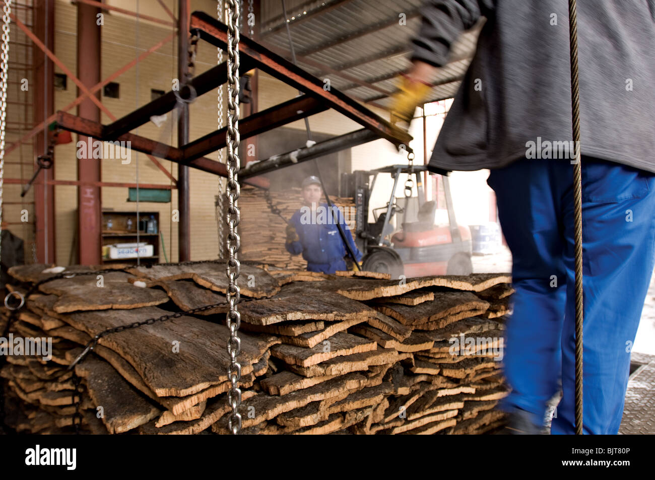 Cork Factory worker S. Bras Alportel Algarve Portugal. Material harvested for production of champagne wine spirits stoppers and in the floor industry Stock Photo