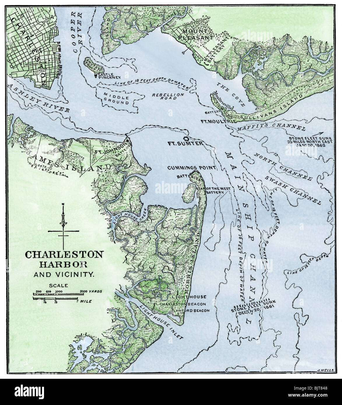 Chart of Charleston harbor, showing Fort Sumter and Fort Moultrie. Hand-colored woodcut Stock Photo