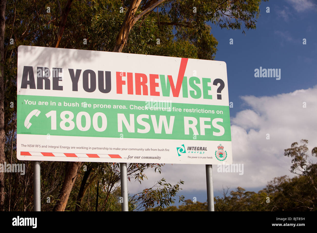 A sign about bushfires near Wollongong, Australia. Stock Photo