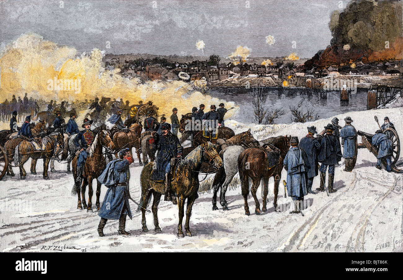 Bombardment of Fredericksburg, Virginia, by Burnside's artillery, December 11, 1862. Hand-colored woodcut Stock Photo