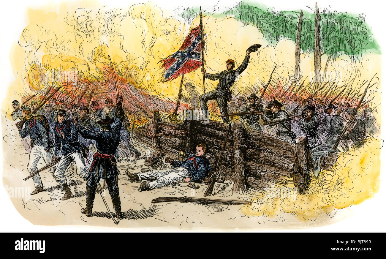 Confederates capturing Union breastworks during the Battle of the Wilderness in Virginia, 1864. Hand-colored woodcut Stock Photo