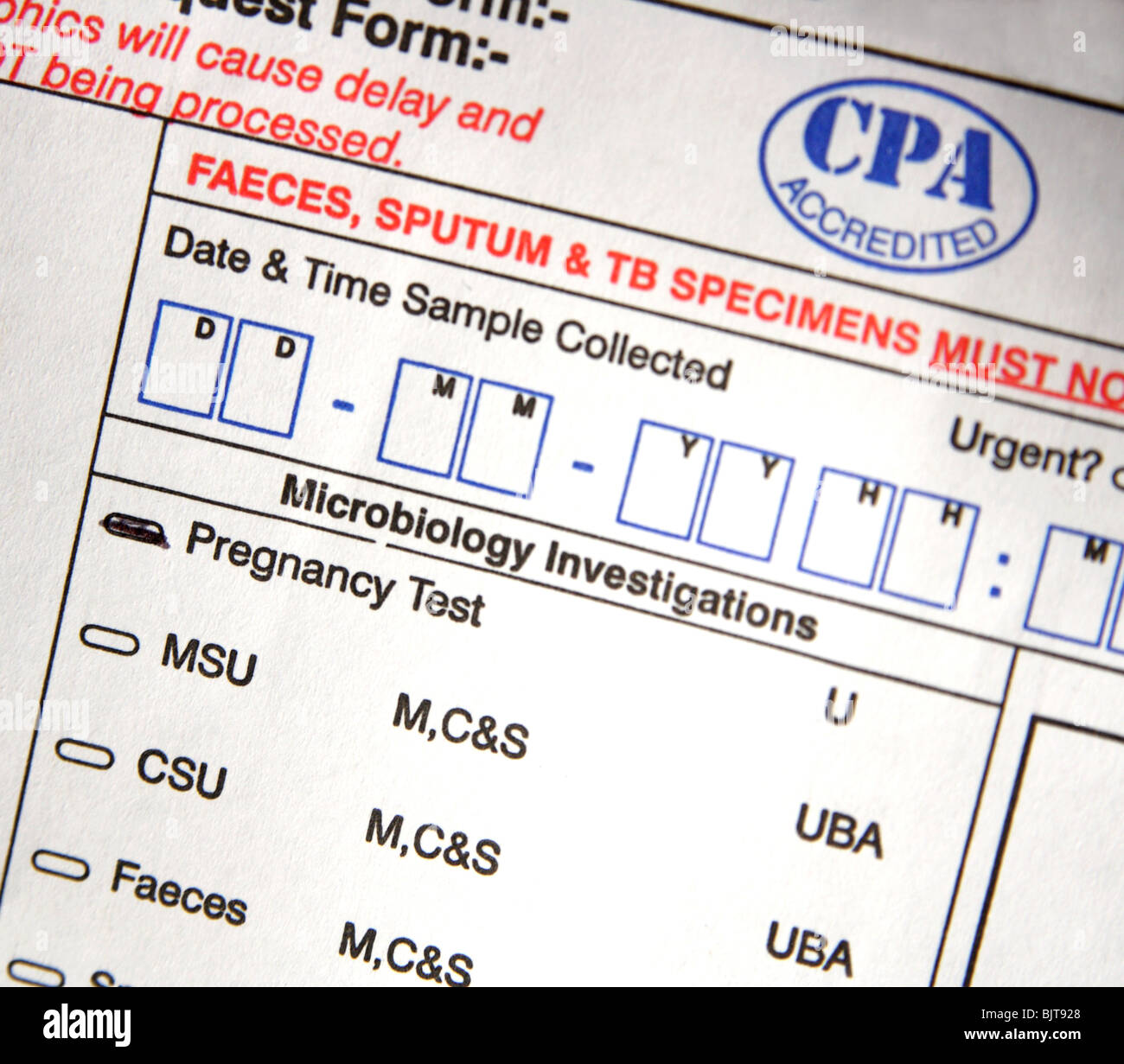 Form from general practitioner for patient on urine pregnancy test in