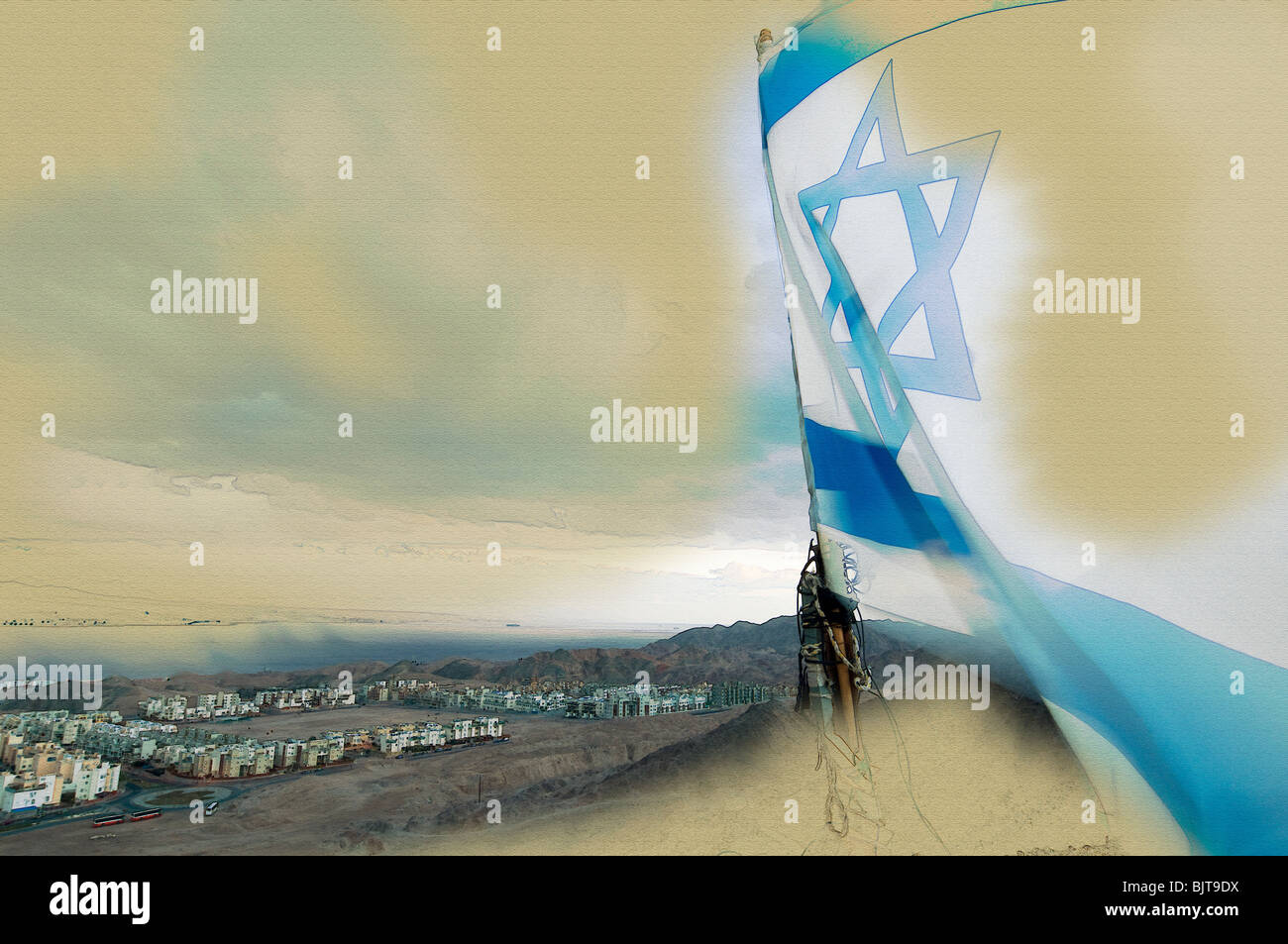 The flag of Israel blowing in the wind with the southern city of Eilat in background Stock Photo