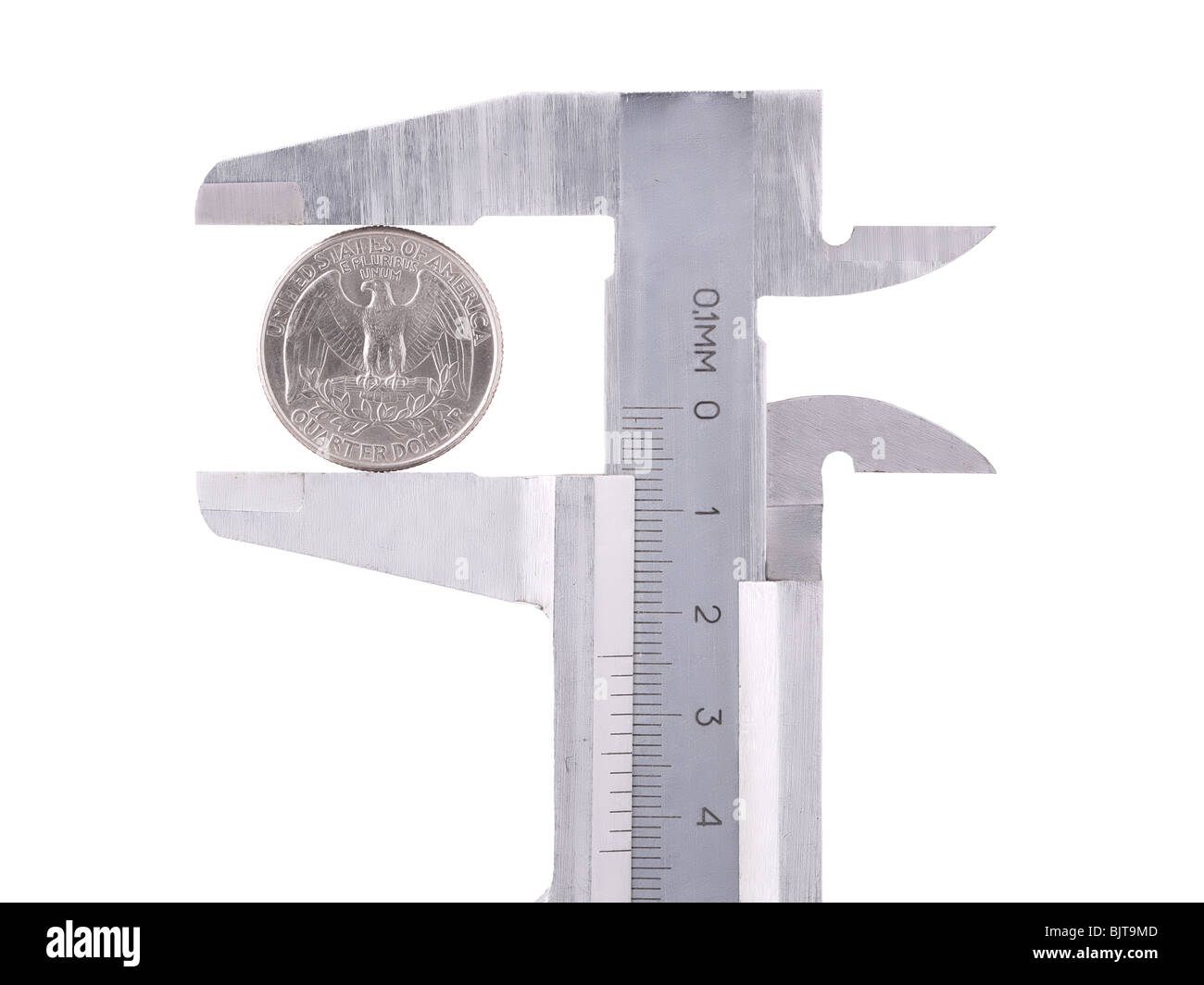 Calipers with American one quarter coin over white background Stock Photo