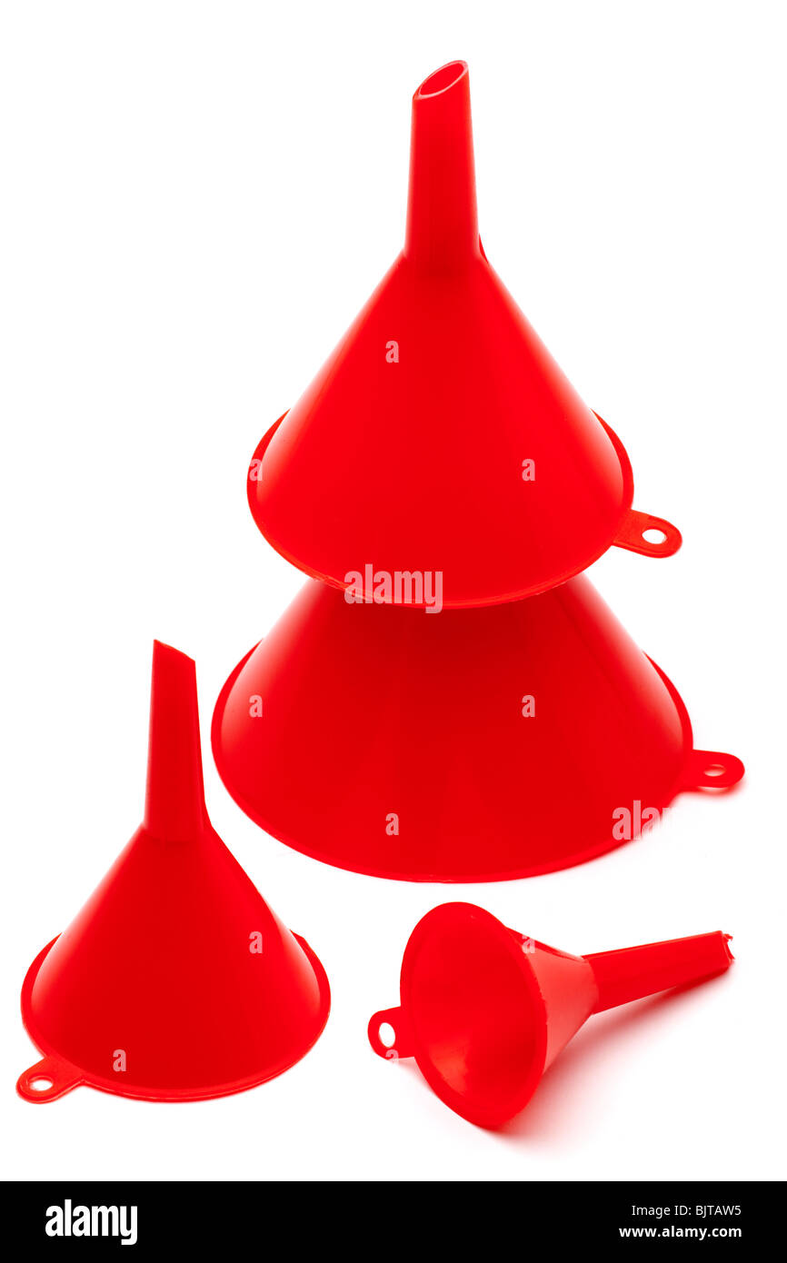 Set of four red mixed sized funnels Stock Photo