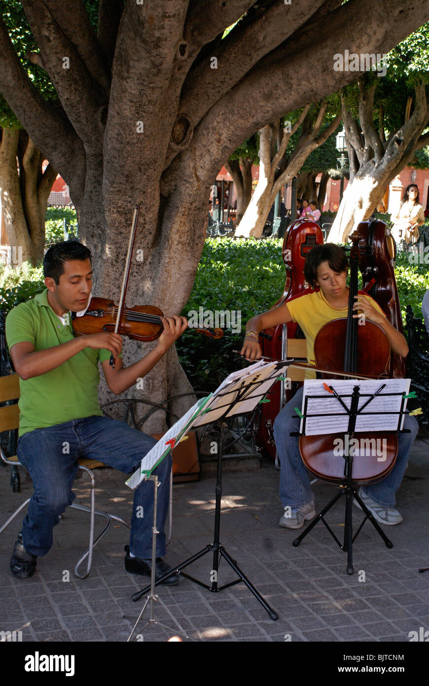 Music students performing in El Jardin in San Miguel de Allende, Guanajuato, Mexico Stock Photo