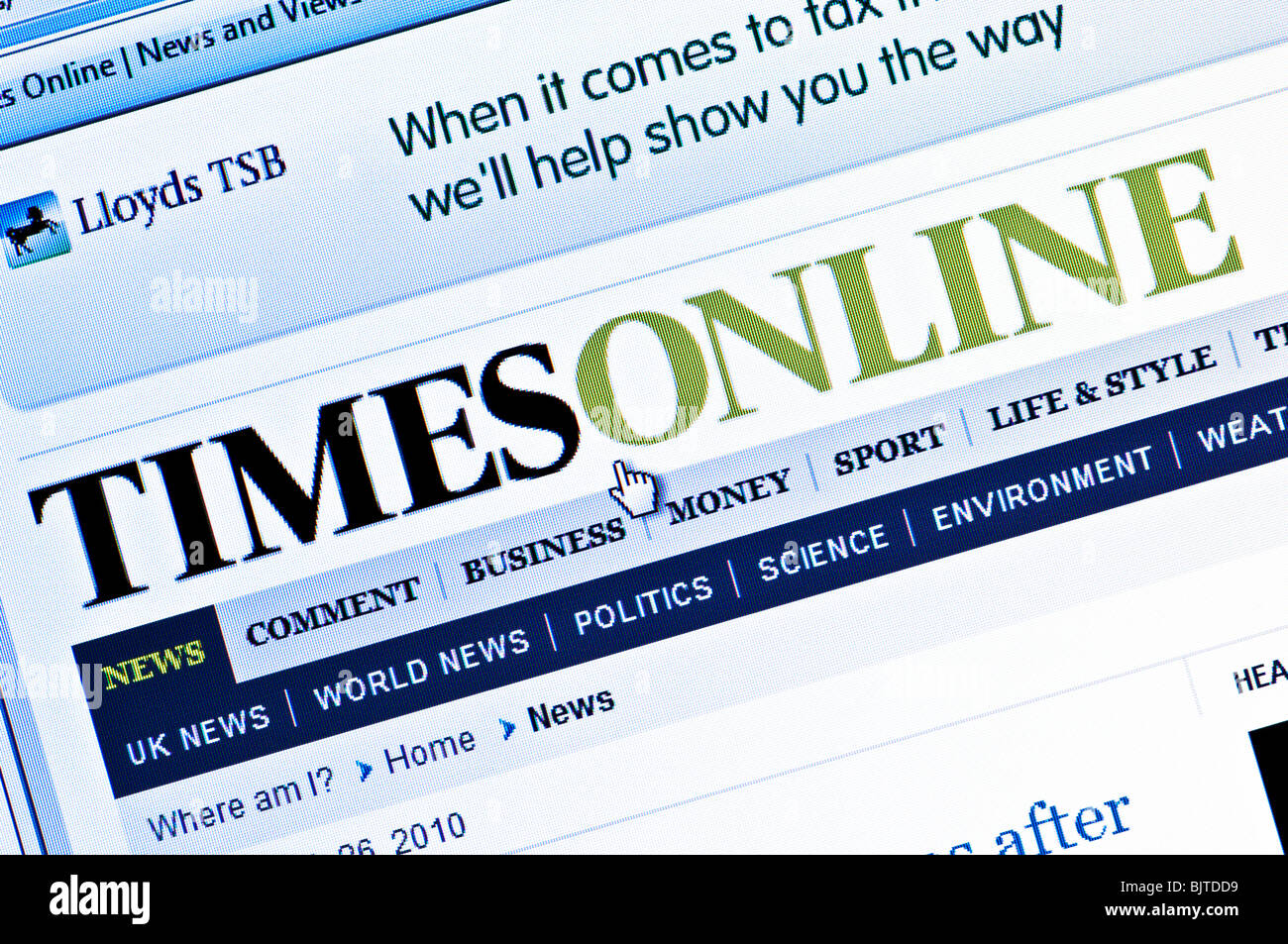 Macro screenshot of Times Online - the website of The Times newspaper. Editorial use only. Stock Photo