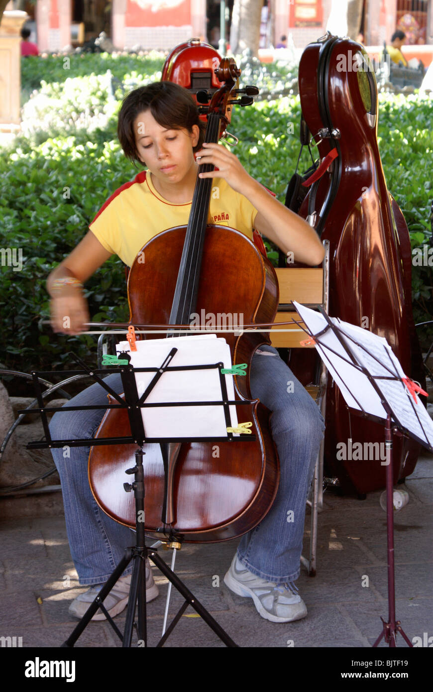 Young female music student playing the cello in El Jardin, San Miguel de Allende, Guanajuato, Mexico Stock Photo