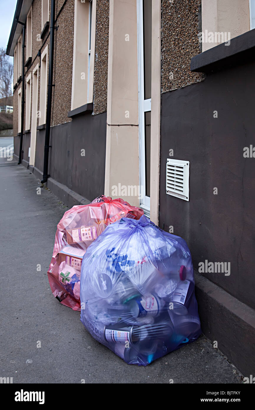 Colour coded recycling bags for different waste types on pavement for