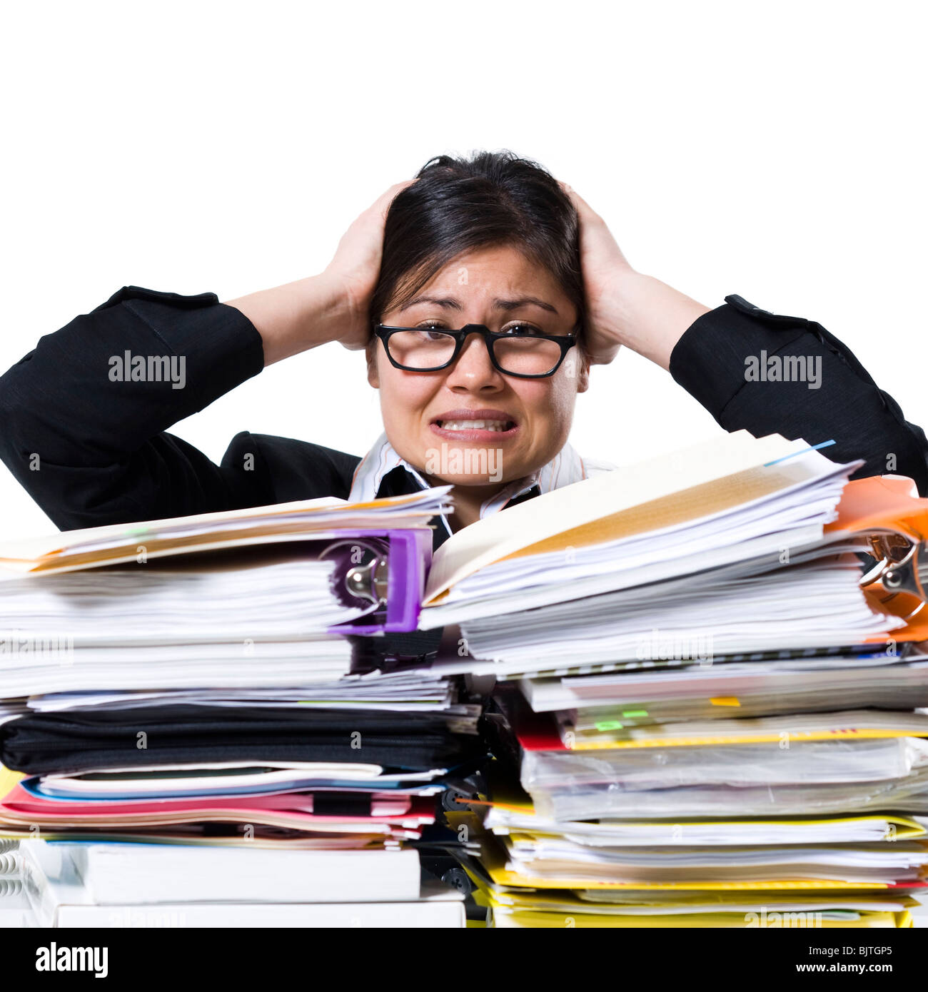 Woman with stack of binders and paperwork Stock Photo Alamy