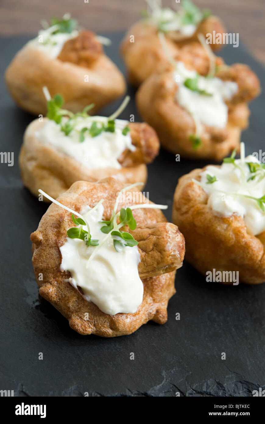Miniature toad in the hole canapes Stock Photo
