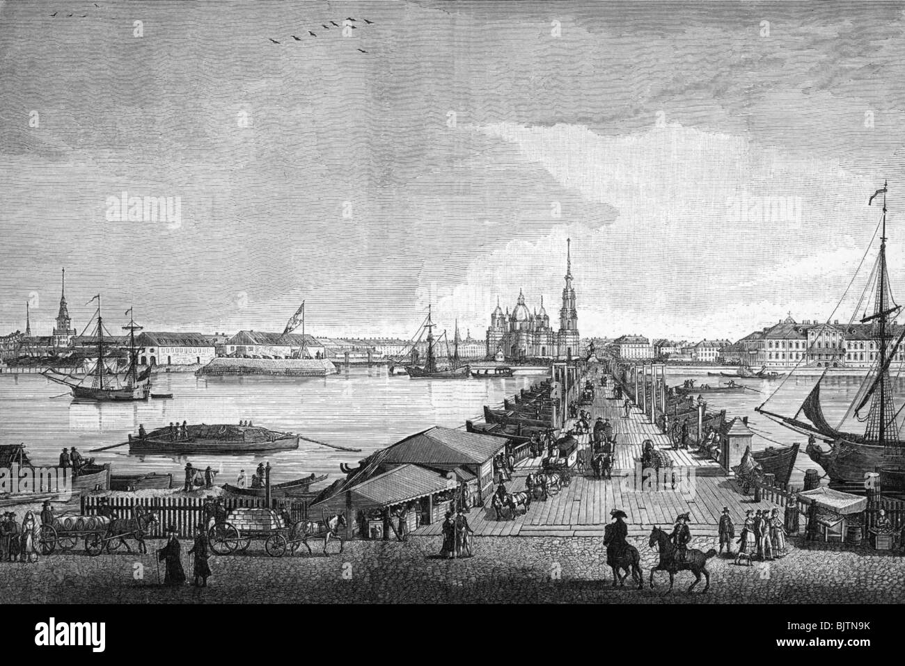 geography / travel, Russia, Saint Petersburg, ship bridge over Newa river, view towards Peter and Paul Fortress, copper engraving after painting by Benjamin Paters, 1794, Stock Photo