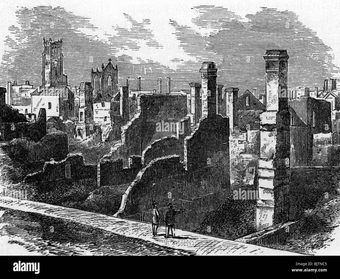 geography / travel, United States of America, American Civil War 1861 - 1865, ruins of Charleston, South Carolina, wood engraving, circa 1865, 19th century, historic, historical, 1860s, wars, destruction, destroyed houses, debris, Southern States, North America, ruin, people, Stock Photo