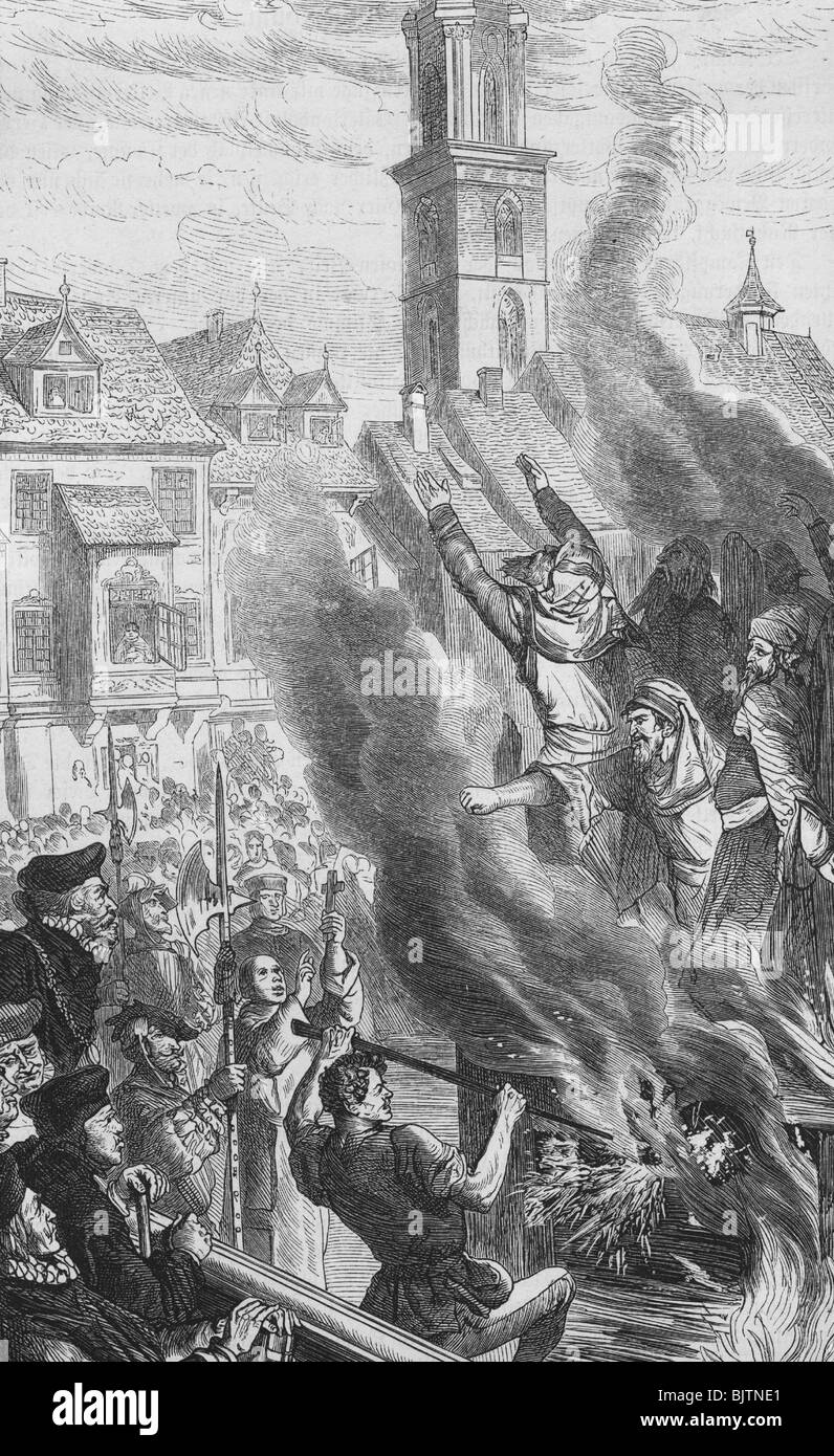 Judaism / Jewry and persecution of Jews, Middle Ages, burning of Jews on the New market in Berlin, Germany, after drawing by Ludwig Burger, wood engraving, 19th century, historic, historical, antisemitism, funeral pile, pyre, stake, be burnt at the stake, medieval, people, Stock Photo