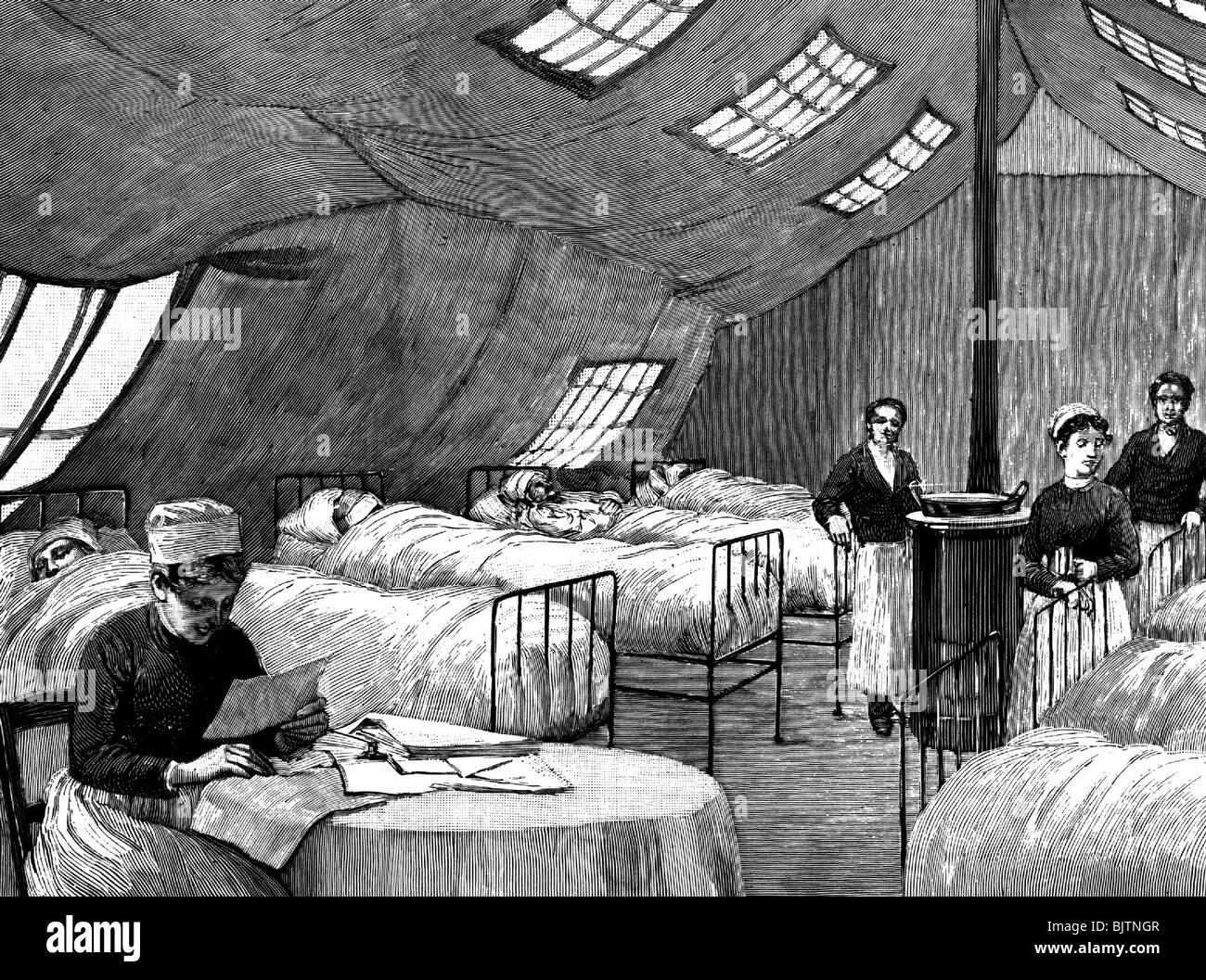 medicine, pandemic diseases, influenza, emergency hospital during flu epidemic in Paris, Winter 1889 / 1890, Stock Photo