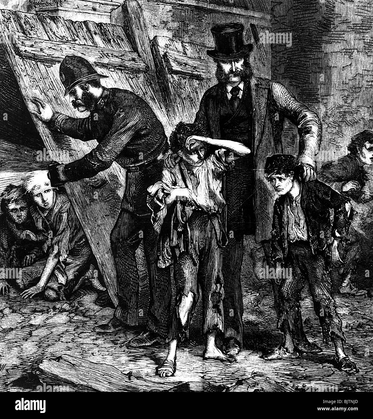 people, misery / adversity, poverty, police picking up homeless children, London, 1872, Stock Photo