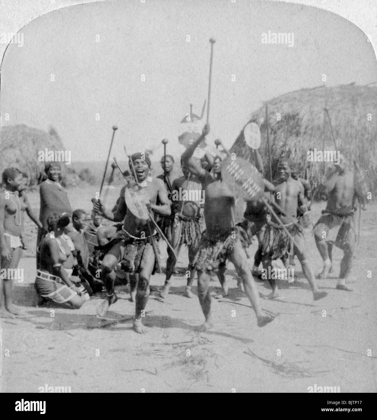 'Heroic sports of the Kraal, a Zulu war dance', Zululand, South Africa, 1901. Artist: Underwood & Underwood Stock Photo