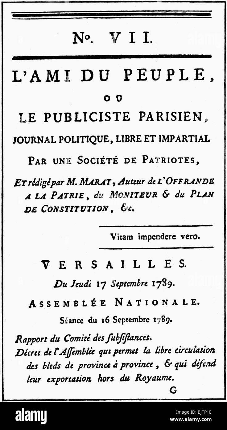 press / media, journals / magazines,  'L'Ami du Peuple', published by Jean Paul Marat, first edition, Paris, 16.9.1789, report about the session of the National Assembly from 16.9.1789, , Stock Photo