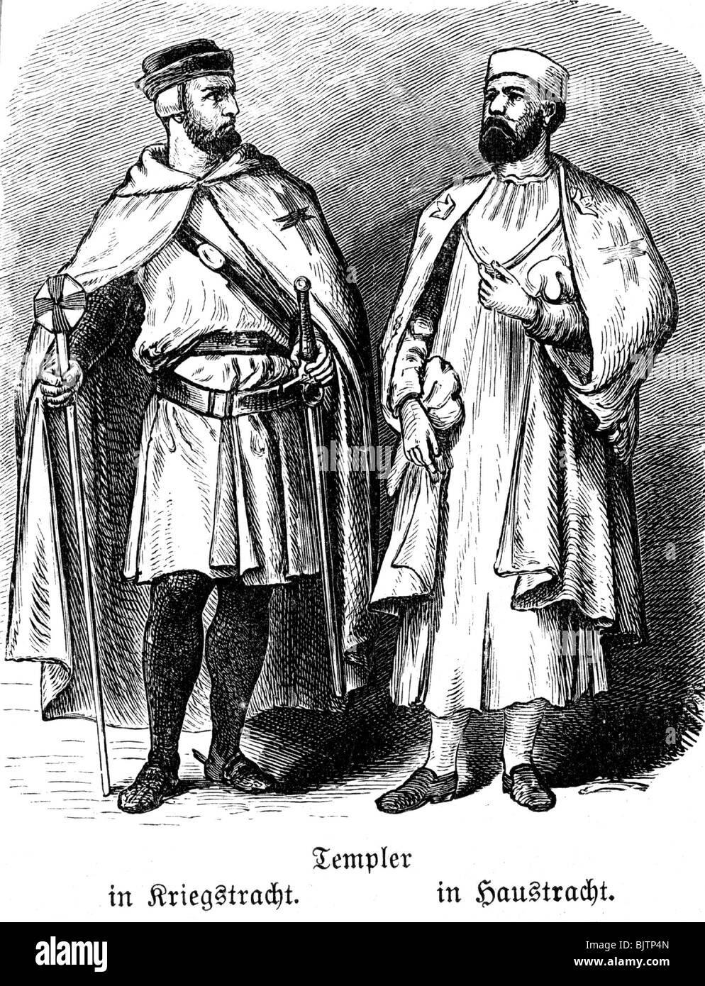 Middle Ages, knights, knight's order, Order of the Knights Templar (Pauperes commilitones Christi templique salomonis, founded circa 1119, resolved in 1314), knights in war and home costume, wood engraving, 19th century, , Stock Photo