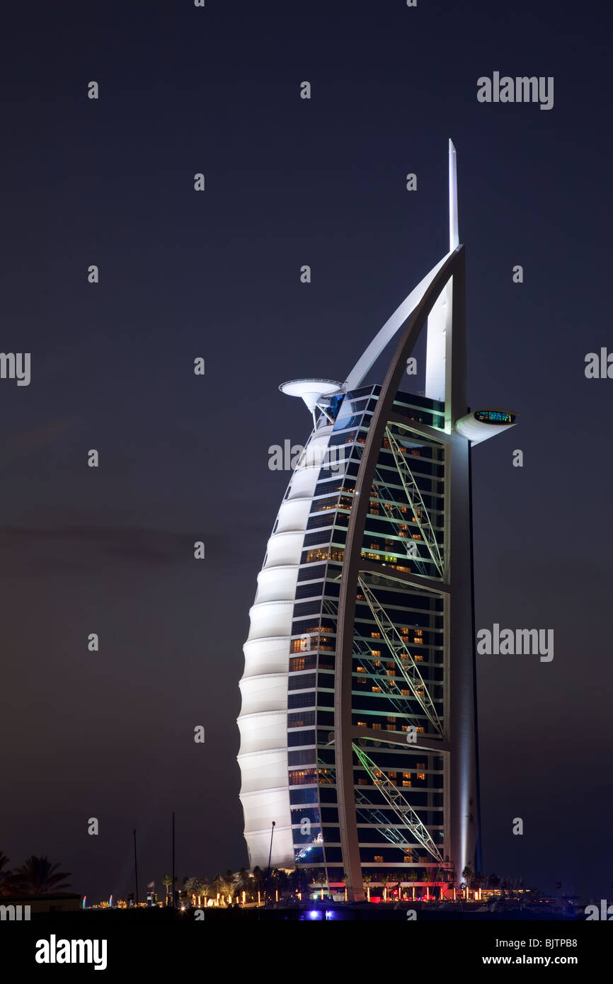Burj al Arab landmark hotel at night, Dubai, United Arab Emirates Stock Photo