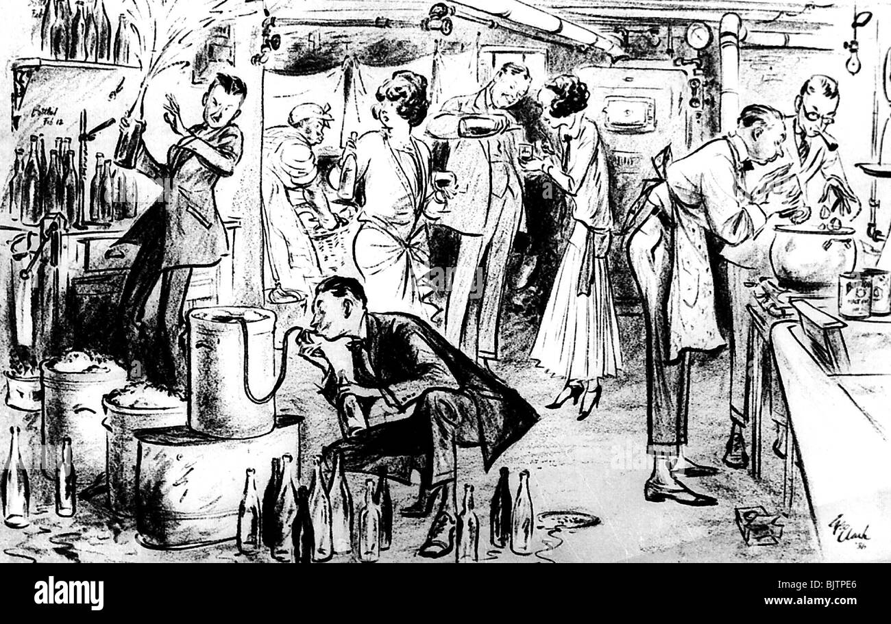 geography / travel, United States of America, Prohibition 1918 - 1933, caricature about the society 1922, production of vine in the underground, drawing by Clark, 1936, 1920s, 20s, 20th century, historic, historical, alcohol, interdiction, interdictions, ban on alcohol, alcohol ban, bans on alcohol, alcohol bans, impose an alcohol ban, bootlegger, manufacture, fabrication, illegal, North America, people, 1930s, Stock Photo
