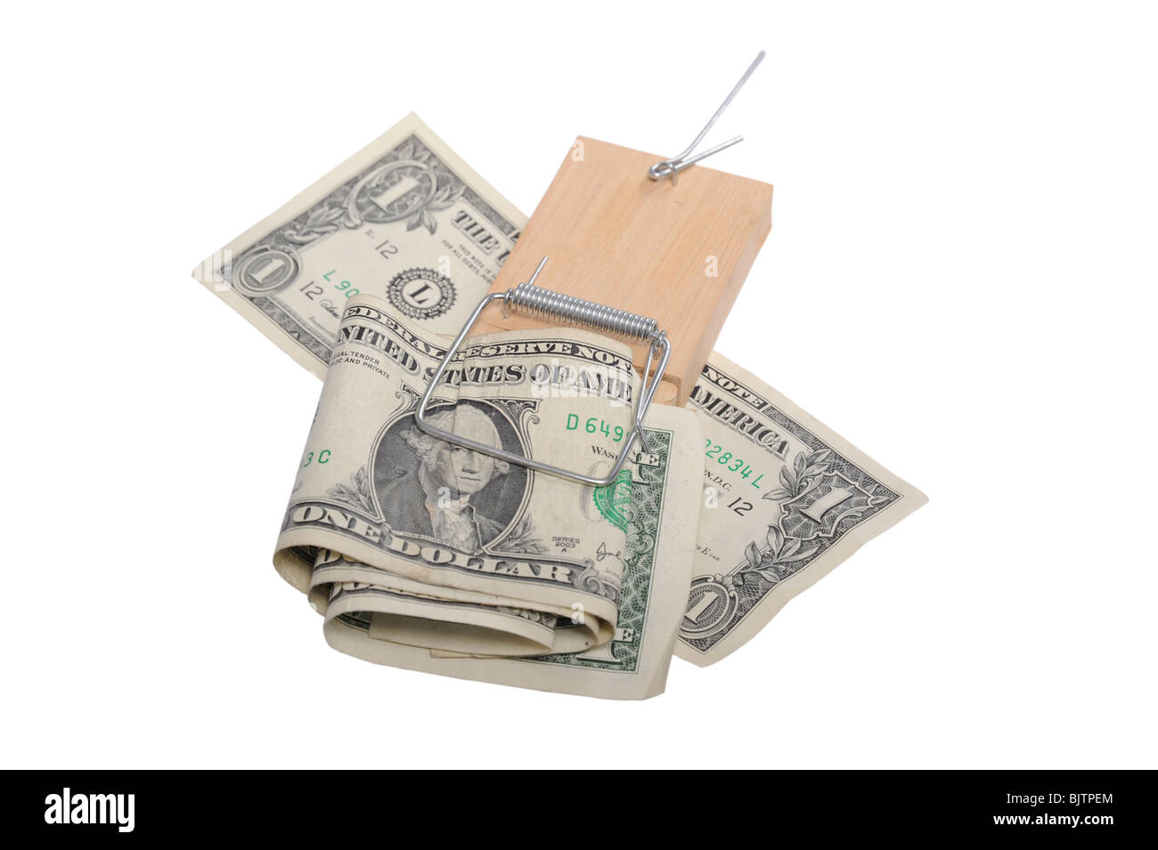 Mouse trap and dollars photographed in studio on white Stock Photo