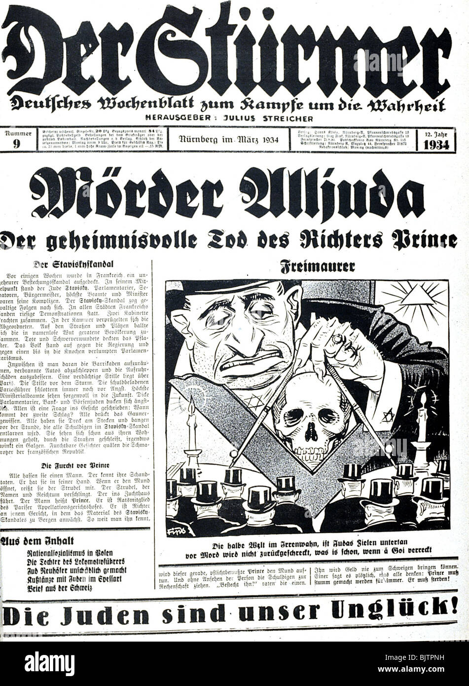 Nazism / National Socialism, propaganda, press media, 'Der Stuermer', No 9, March 1934, cover 'Murderer Alljuda', caricature 'freemason' by Fips, Stock Photo