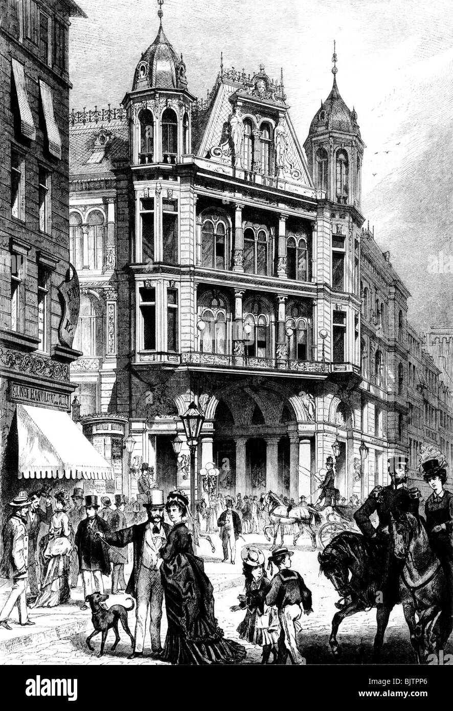geography / travel, Germany, Berlin, Kaisergalerie with shopping arcades Friedrichstrasse / Behrenstrasse, inaugurated: 1873, wood engraving after drawing by Prof. Doeppler, circa 1874, 19th century, historic, historical, 1870s, years of rapid industrial expansion in Germany, trade, passage, street scene, streets, scenes, transport, transportation, rider, Prussia, Imperial Era, Imperial Period, German Empire, crowds, crowd of people, pedestrian, pedestrians, passer-by, passerby, passers-by, Central Europe, capital, metropolis, inner city, midtown, city centre, , Stock Photo