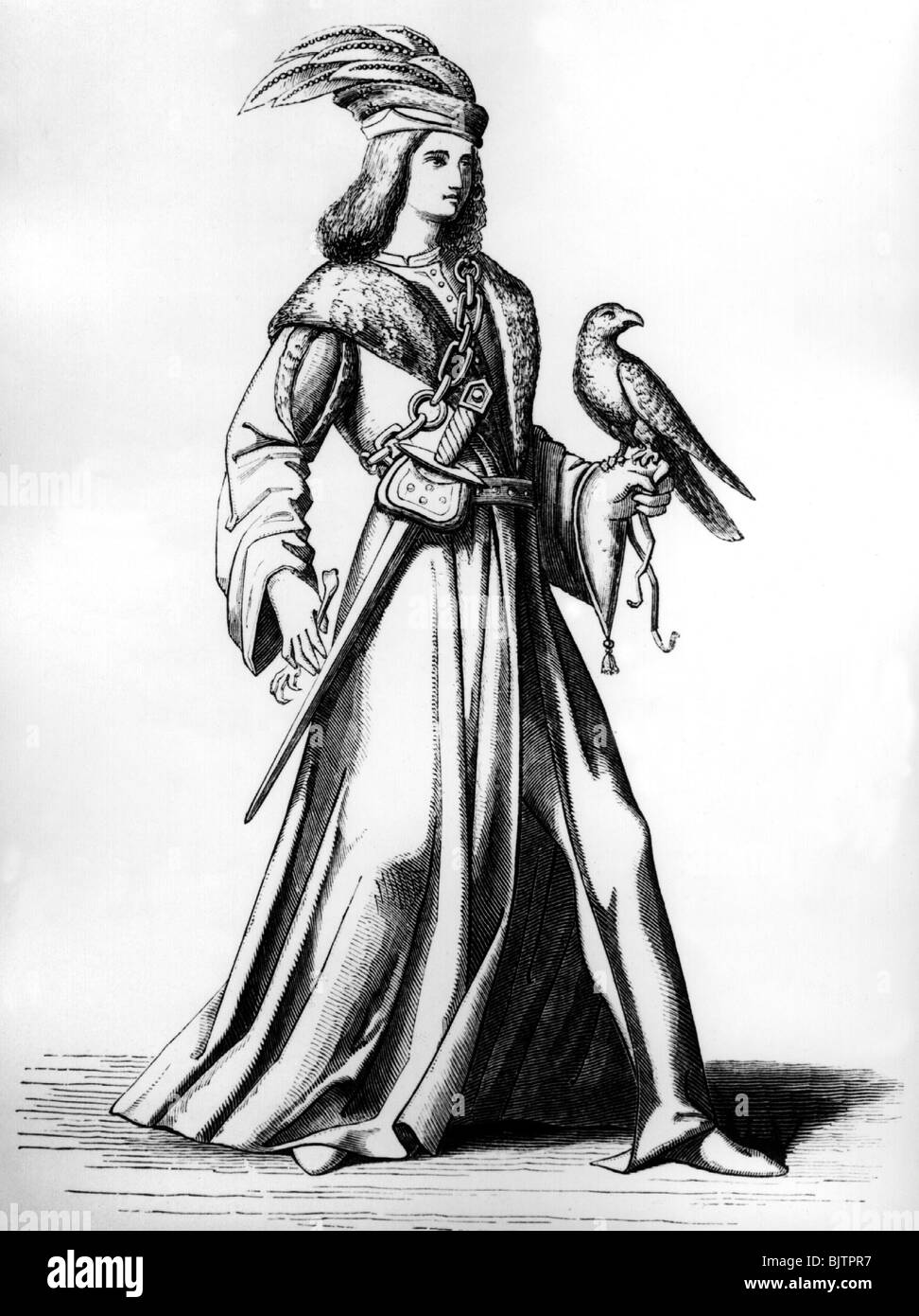 hunting, falconry, noble man from Provence, with gyrfalcon, wood engraving after Bonnart, 15th