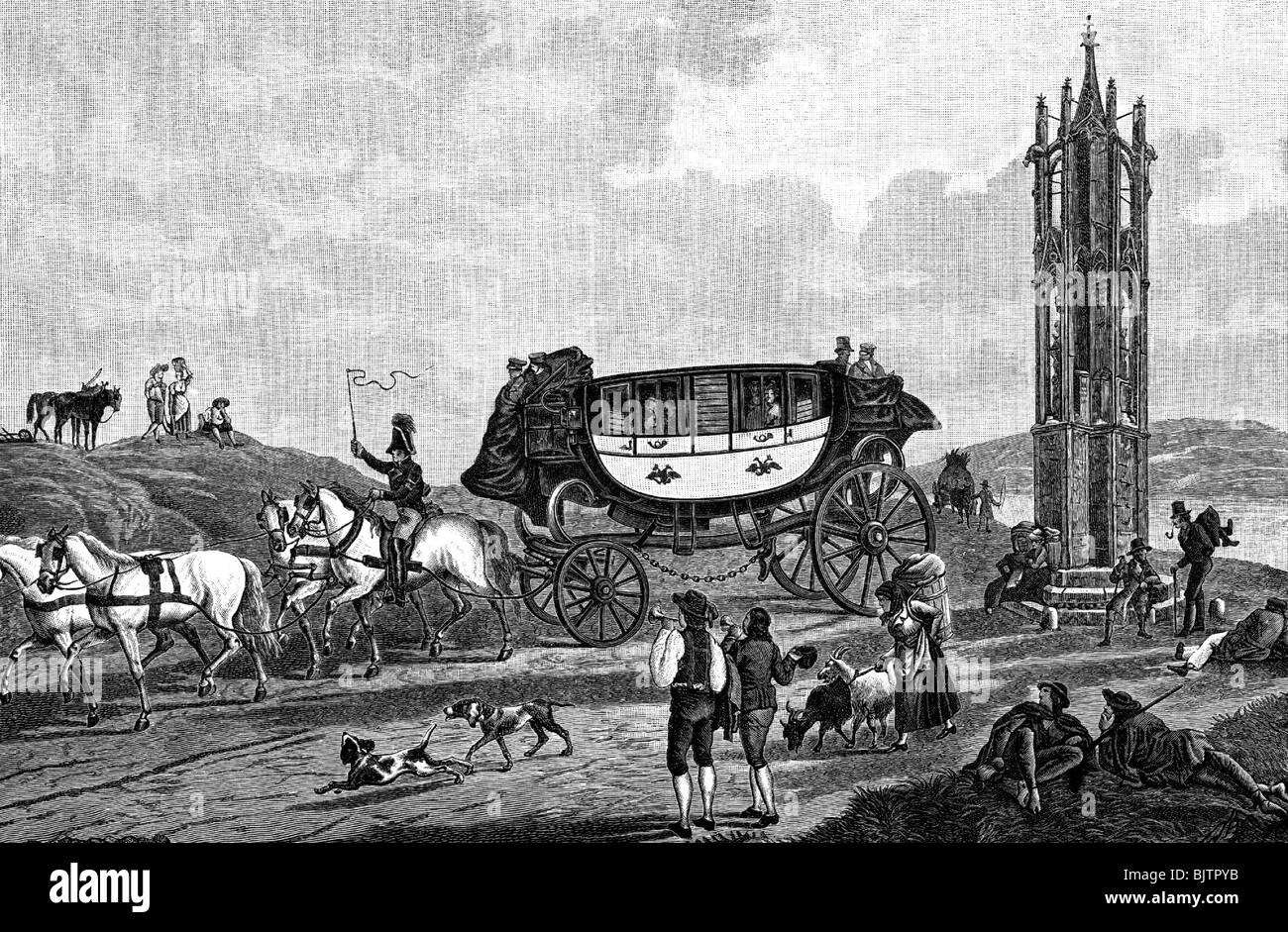 mail / post, mail coach, Austrian express mail coach at Triest imperial road near Vienna, wood engraving, early 19th century, historic, historical, mail coach, mail coaches, coach, carriage, coaches, carriages, Austria, transport / transportation, drive, driving, people, Stock Photo
