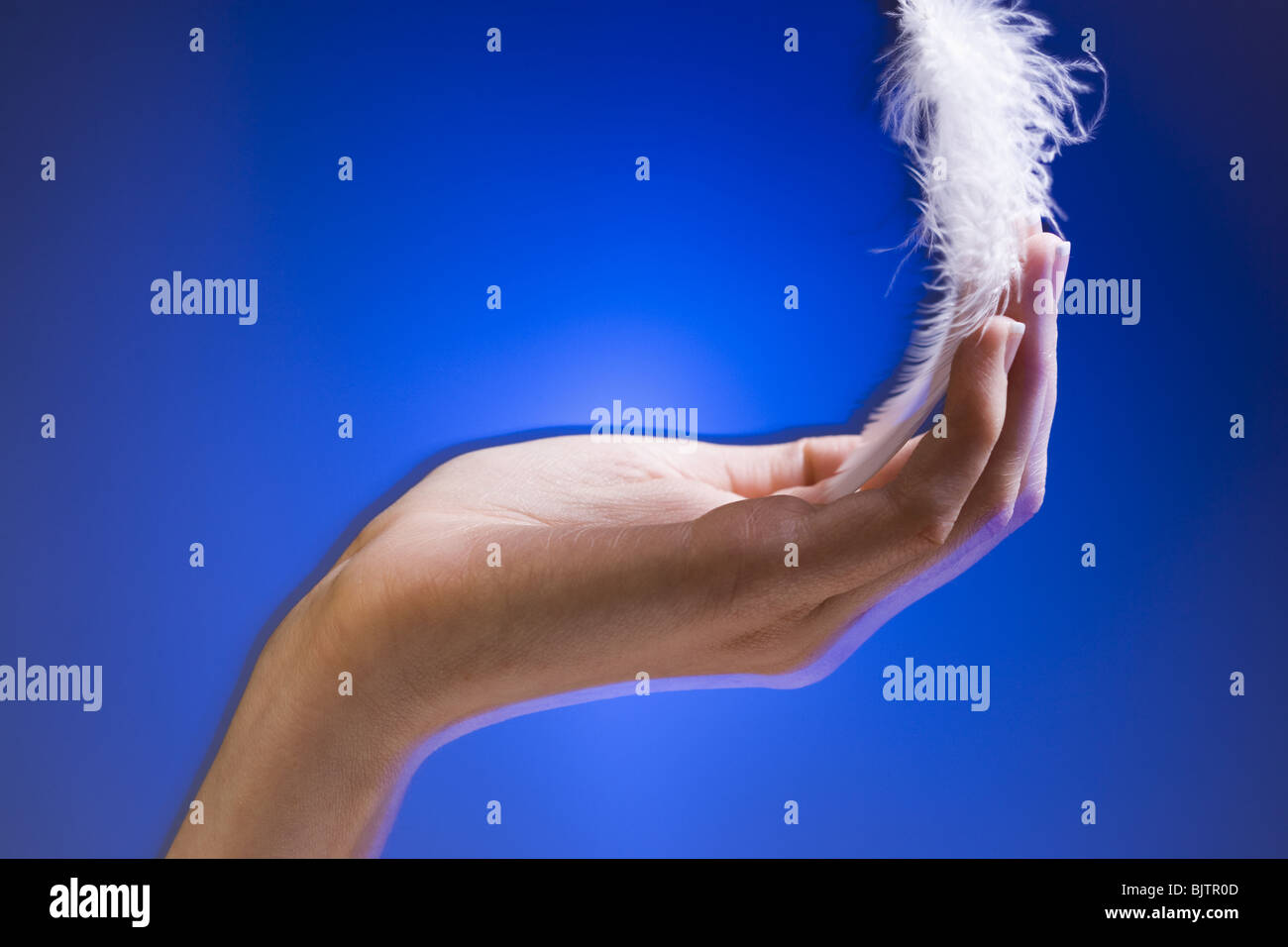 Hand with floating feather Stock Photo Alamy