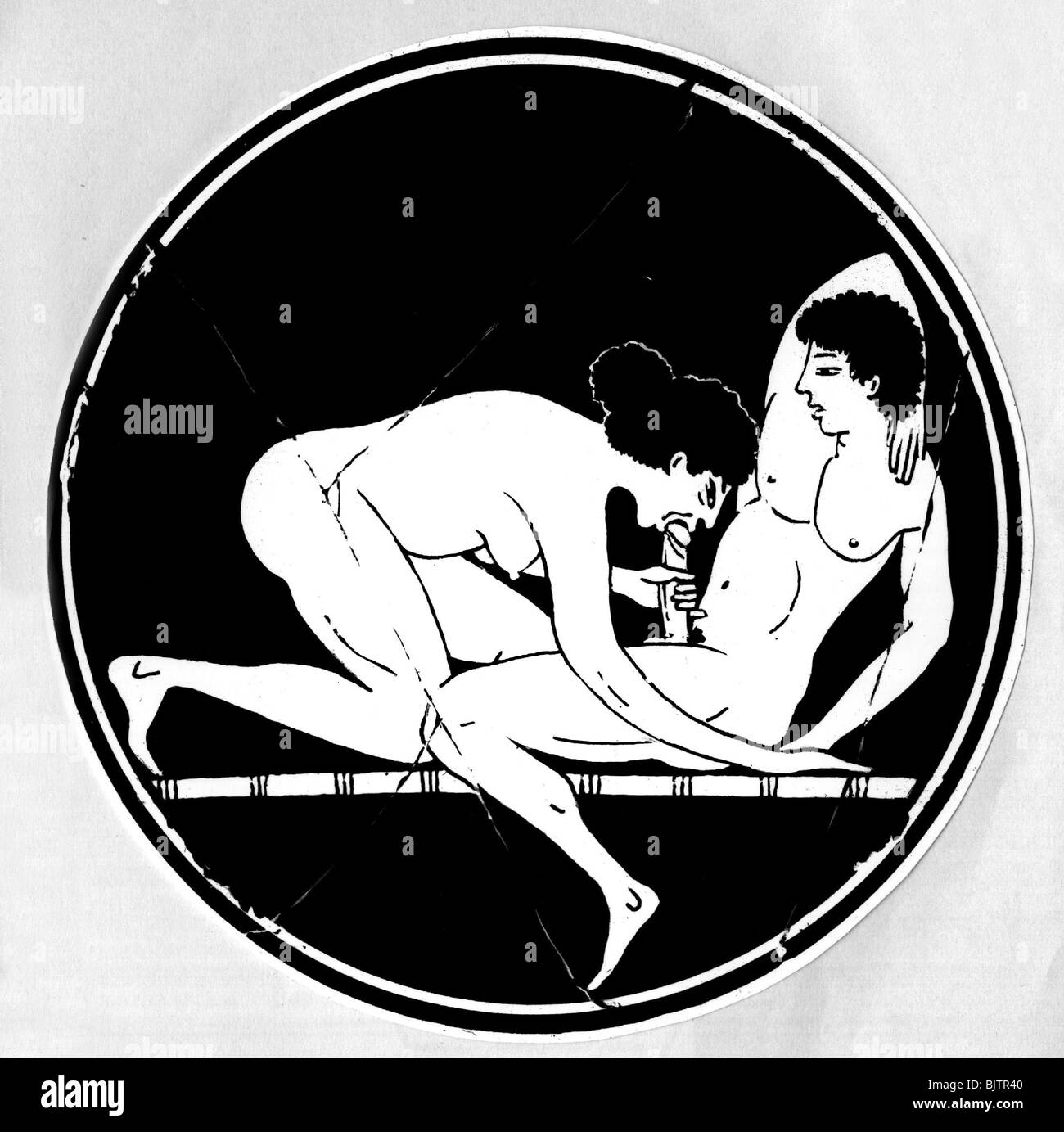 people, love / sex / eroticism, woman and man having oral sex, illustration on an Attic bowl, penis, hetaera, prostitute, prostitution, historic, historical, fellatio, Ancient World, ancient world, women, female, men, male pic