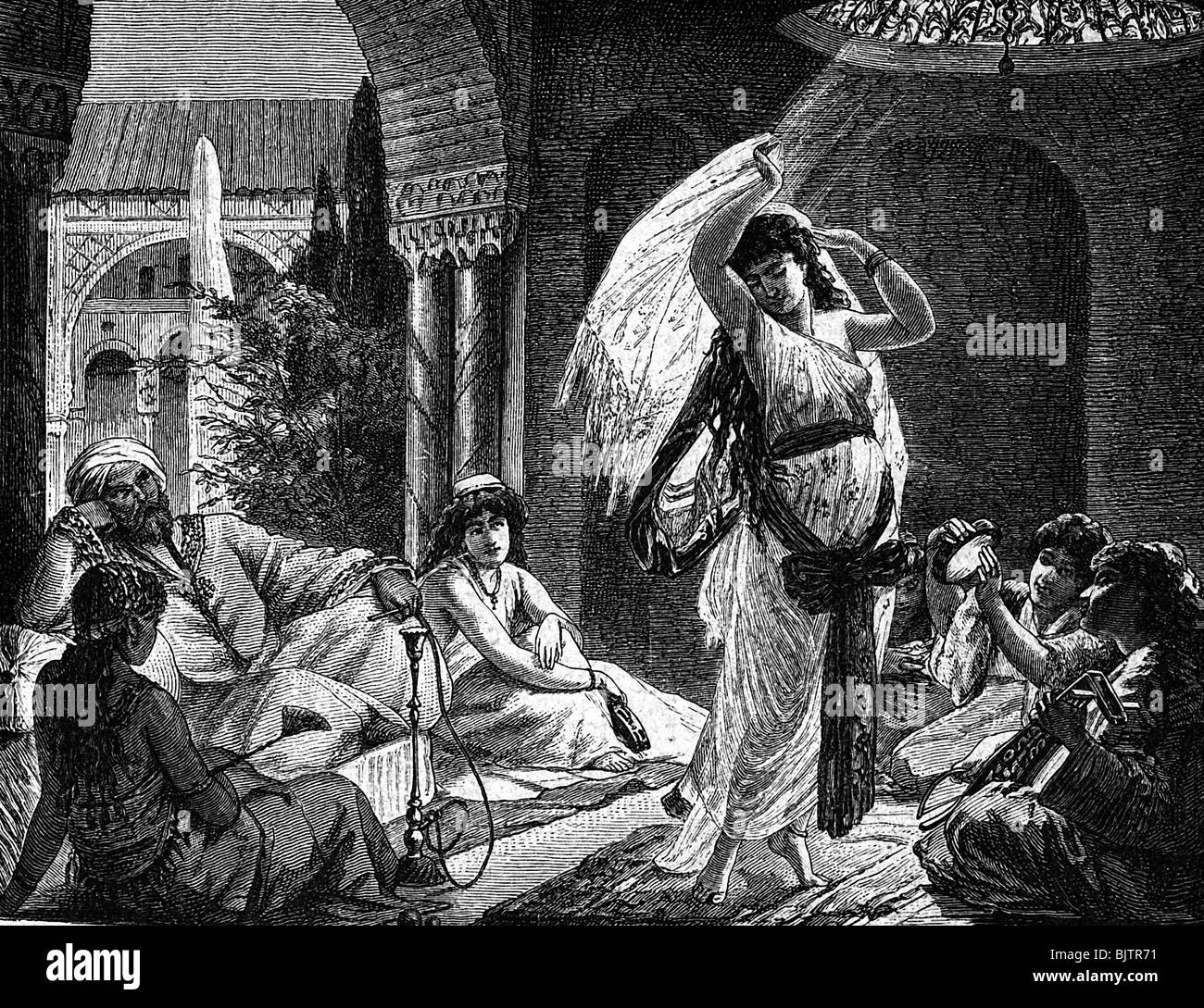 people, women, harem, music and dance in a harem of a Turkish pasha, wood engraving, 19th century, water pipe, Turkey, woman, dancing, dance, slave, slaves, historic, historical, female, Stock Photo