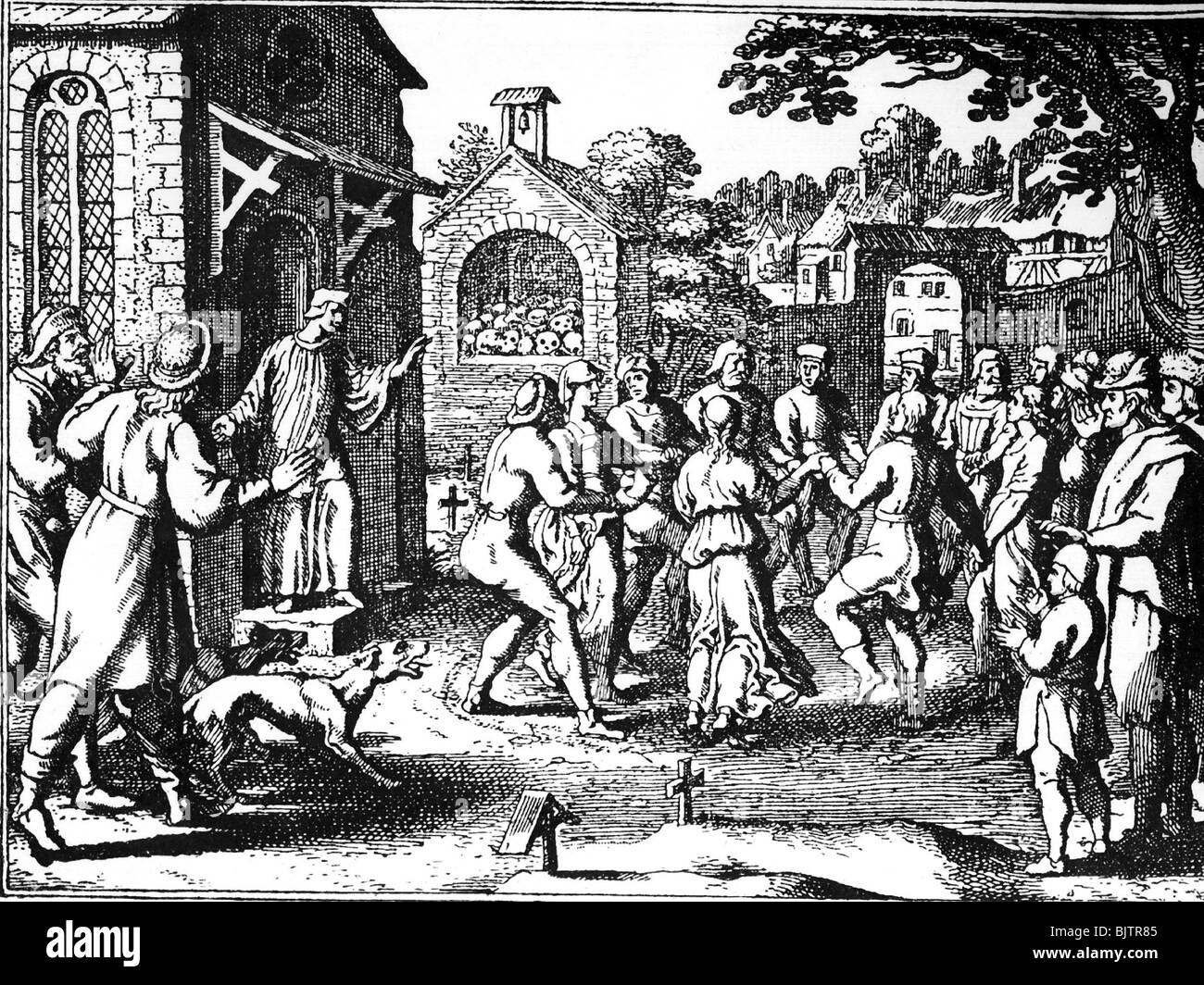 medicine, pandemic disease, plague, penitents dancing on a graveyard to prevent the plague, copper engraving, circa 15th century, historic, historical, people, superstition, death, fear, anxiety, disease, diseases, pandemics, epidemics, epidemic, middle ages, Stock Photo